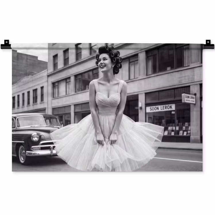 Retro - Vrouw - Zwart - Wit Wandkleed katoen klein -zz3d