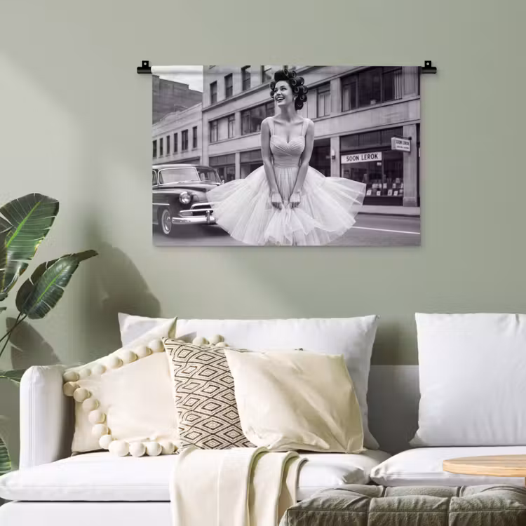 Retro - Vrouw - Zwart - Wit Wandkleed katoen klein -sfeer7
