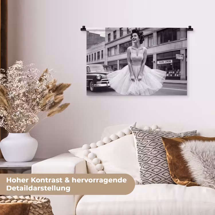 Retro - Vrouw - Zwart - Wit Wandkleed katoen klein -tsfeer1_DE