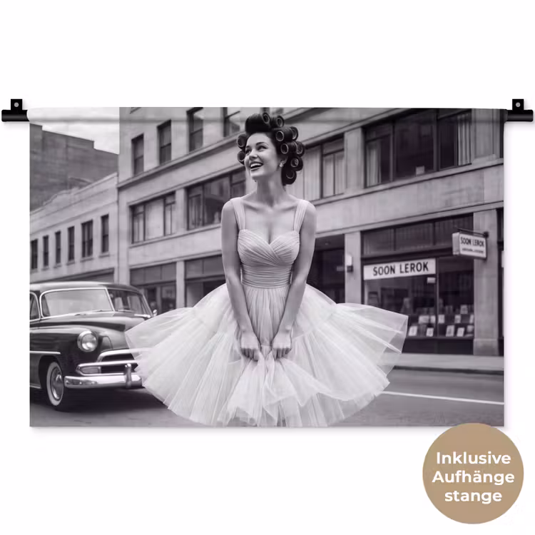 Retro - Vrouw - Zwart - Wit Wandkleed katoen klein -t3d_DE