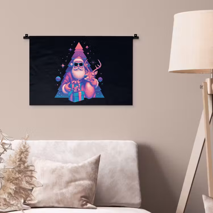 Retro - Kerstman - Rendieren - Kerstboom Wandkleed katoen klein -sfeer4