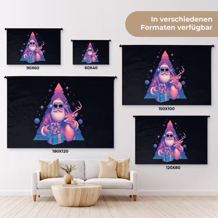 Retro - Kerstman - Rendieren - Kerstboom Wandkleed katoen klein -tsfeer8_DE
