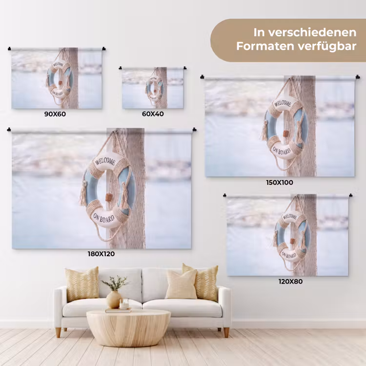 Reddingsboei - Maritiem - Welkom - Blauw - Wit Wandkleed katoen klein -tsfeer8_DE
