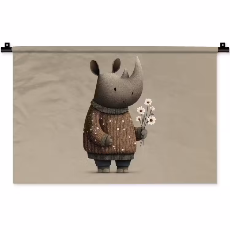 Neushoorn - Witte bloemen - Lief Wandkleed katoen klein -zz3d