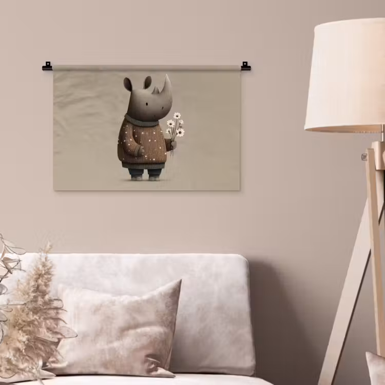 Neushoorn - Witte bloemen - Lief Wandkleed katoen klein -sfeer4