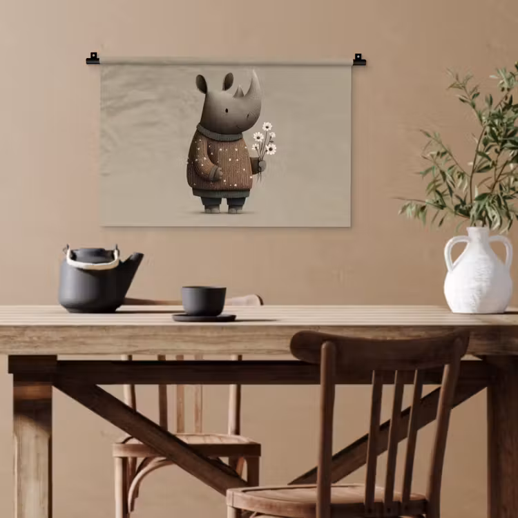 Neushoorn - Witte bloemen - Lief Wandkleed katoen klein -sfeer6