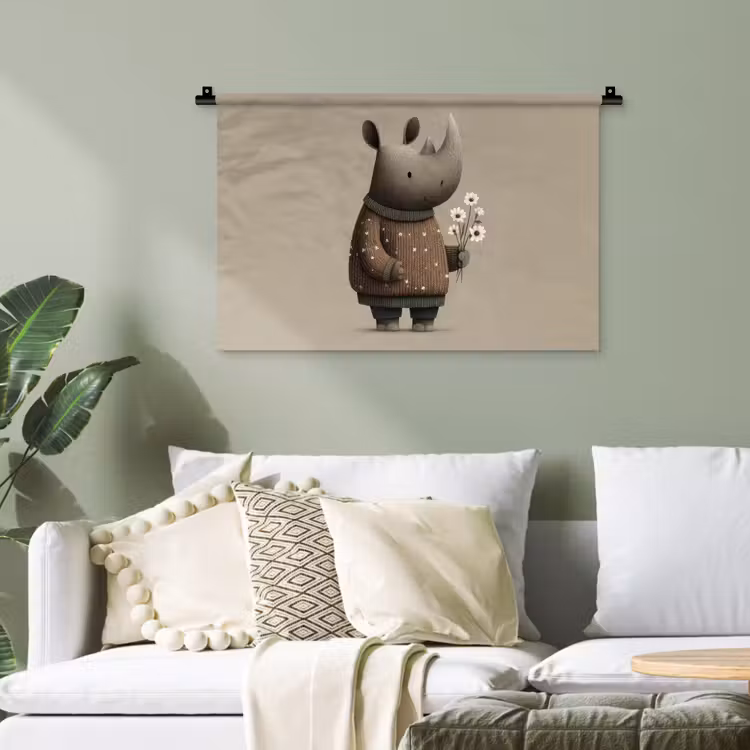Neushoorn - Witte bloemen - Lief Wandkleed katoen klein -sfeer7