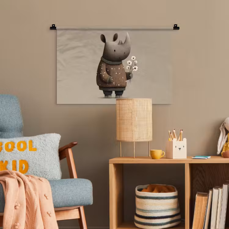 Neushoorn - Witte bloemen - Lief Wandkleed katoen klein -wsfeer4_kind