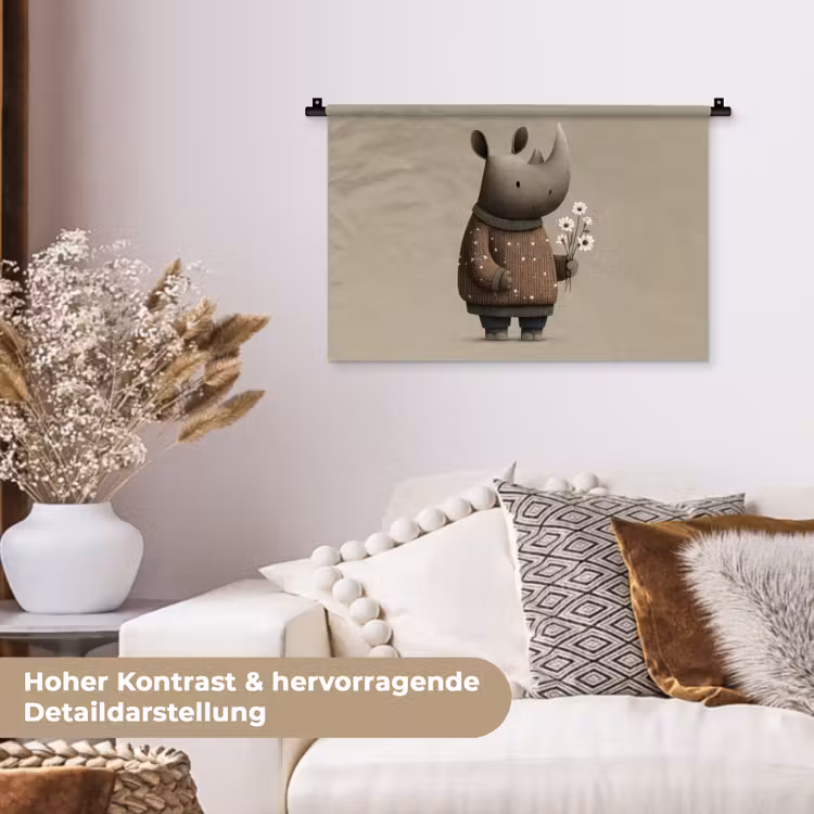 Neushoorn - Witte bloemen - Lief Wandkleed katoen klein -tsfeer1_DE