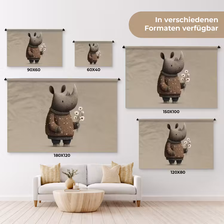 Neushoorn - Witte bloemen - Lief Wandkleed katoen klein -tsfeer8_DE