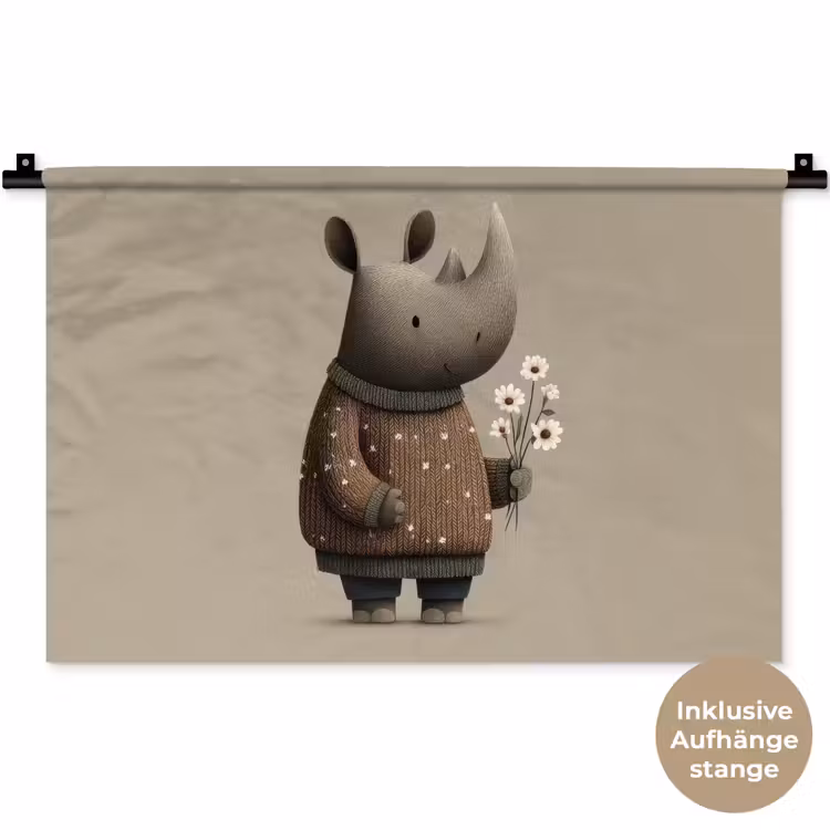 Neushoorn - Witte bloemen - Lief Wandkleed katoen klein -t3d_DE