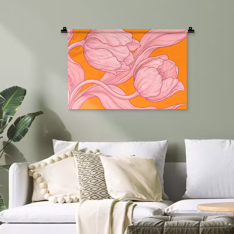 Wandteppich - Rosa Blumen – Modern - Roze bloemen - Modern Wandkleed katoen klein