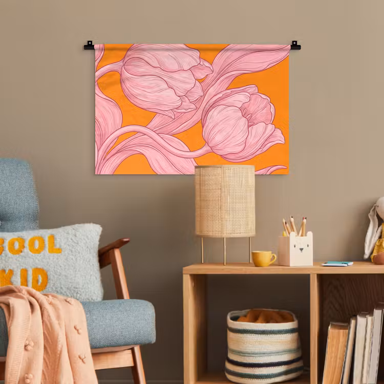 Wandteppich - Rosa Blumen – Modern - Roze bloemen - Modern Wandkleed katoen klein