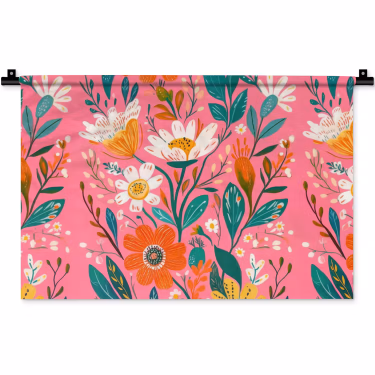 Roze - Bloemen - Wit - Oranje Wandkleed katoen klein -zz3d