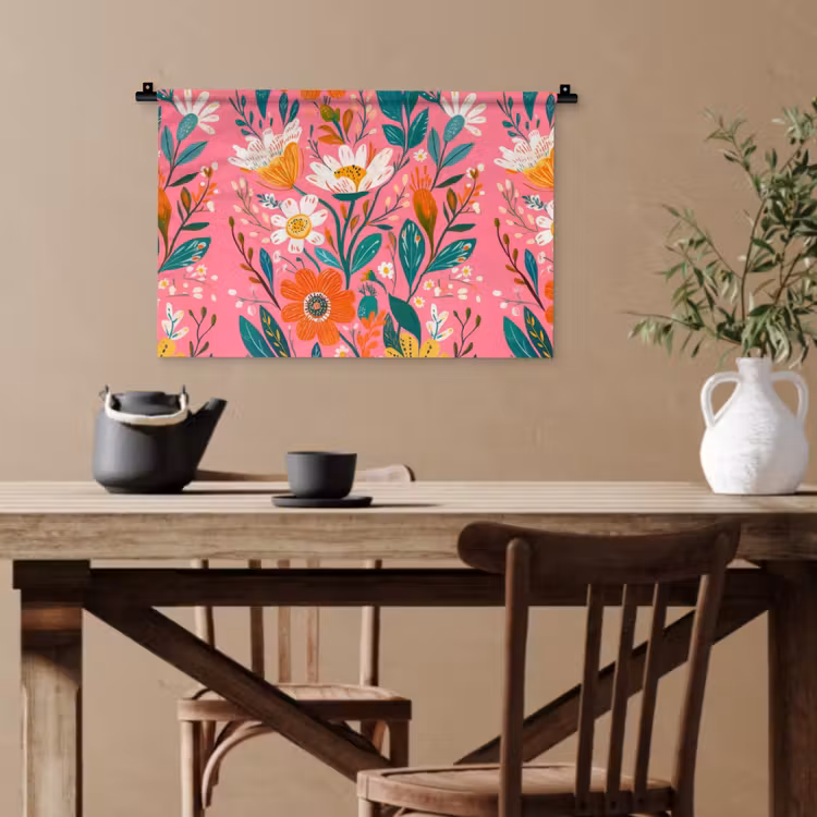 Roze - Bloemen - Wit - Oranje Wandkleed katoen klein -sfeer6