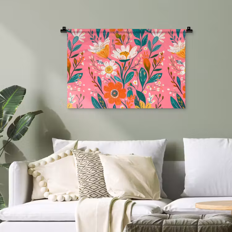 Roze - Bloemen - Wit - Oranje Wandkleed katoen klein -sfeer7