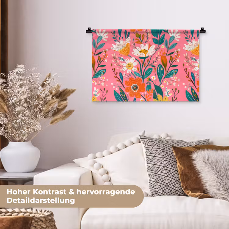 Roze - Bloemen - Wit - Oranje Wandkleed katoen klein -tsfeer1_DE