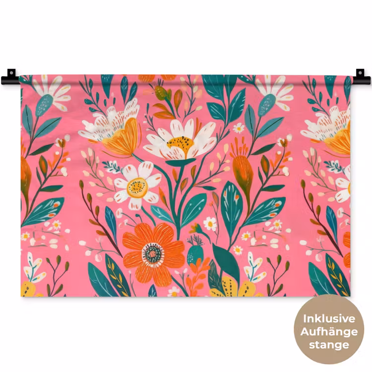 Roze - Bloemen - Wit - Oranje Wandkleed katoen klein -t3d_DE