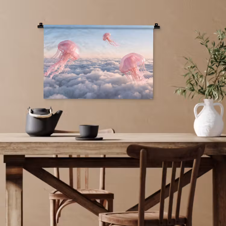 Wandteppich - Rosa Tier – Wolken - Roze dier - Wolken Wandkleed katoen klein