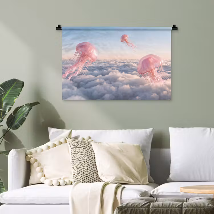 Wandteppich - Rosa Tier – Wolken - Roze dier - Wolken Wandkleed katoen klein