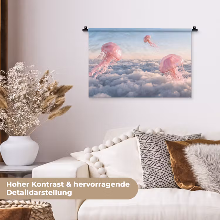 Wandteppich - Rosa Tier – Wolken - Roze dier - Wolken Wandkleed katoen klein