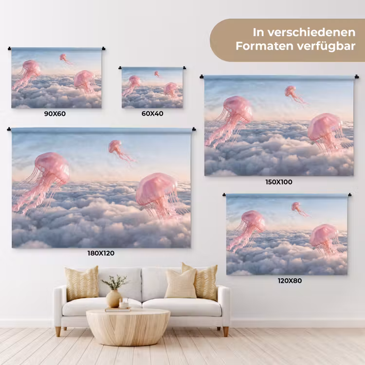 Wandteppich - Rosa Tier – Wolken - Roze dier - Wolken Wandkleed katoen klein