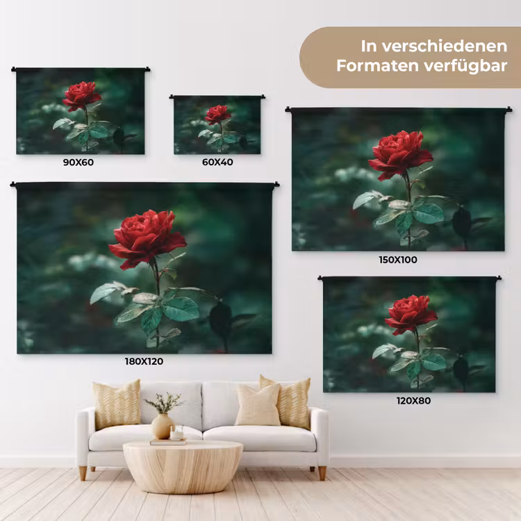 Roos - Bladeren - Dieprood Wandkleed katoen klein -tsfeer8_DE