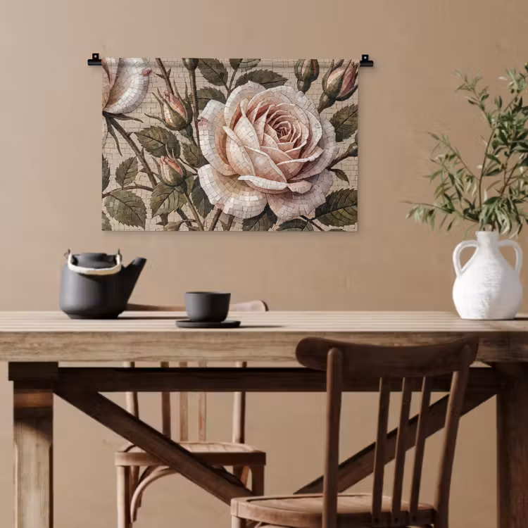 Roos - Mozaïek - Bloemen - Klassiek - Beige Wandkleed katoen klein -sfeer6