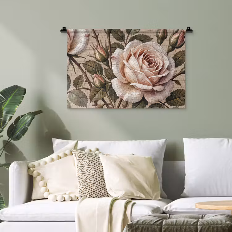 Roos - Mozaïek - Bloemen - Klassiek - Beige Wandkleed katoen klein -sfeer7