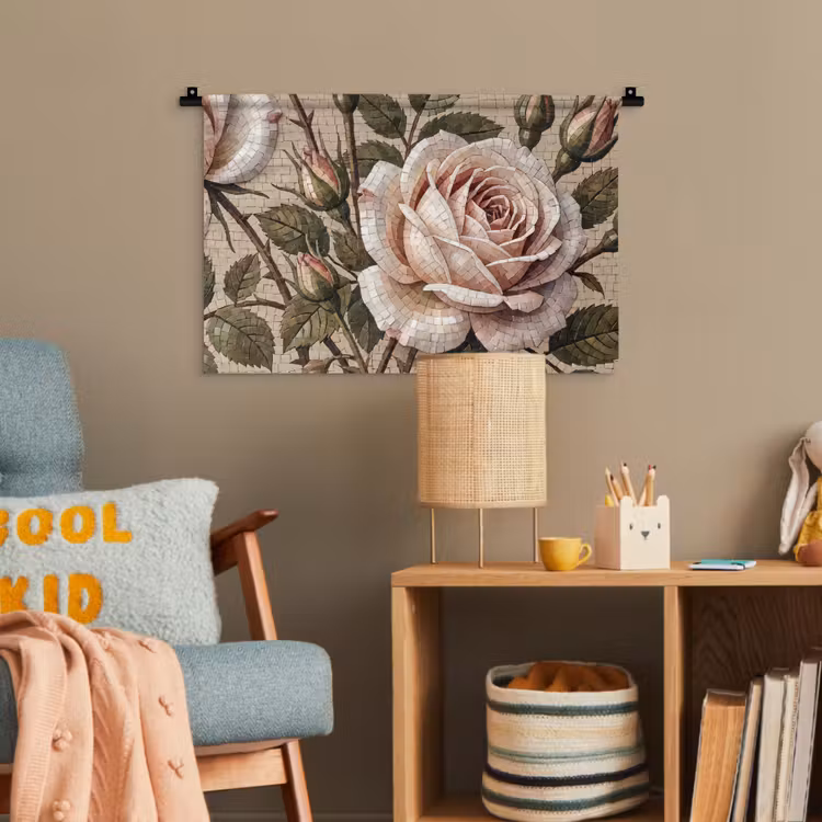 Roos - Mozaïek - Bloemen - Klassiek - Beige Wandkleed katoen klein -wsfeer4_kind