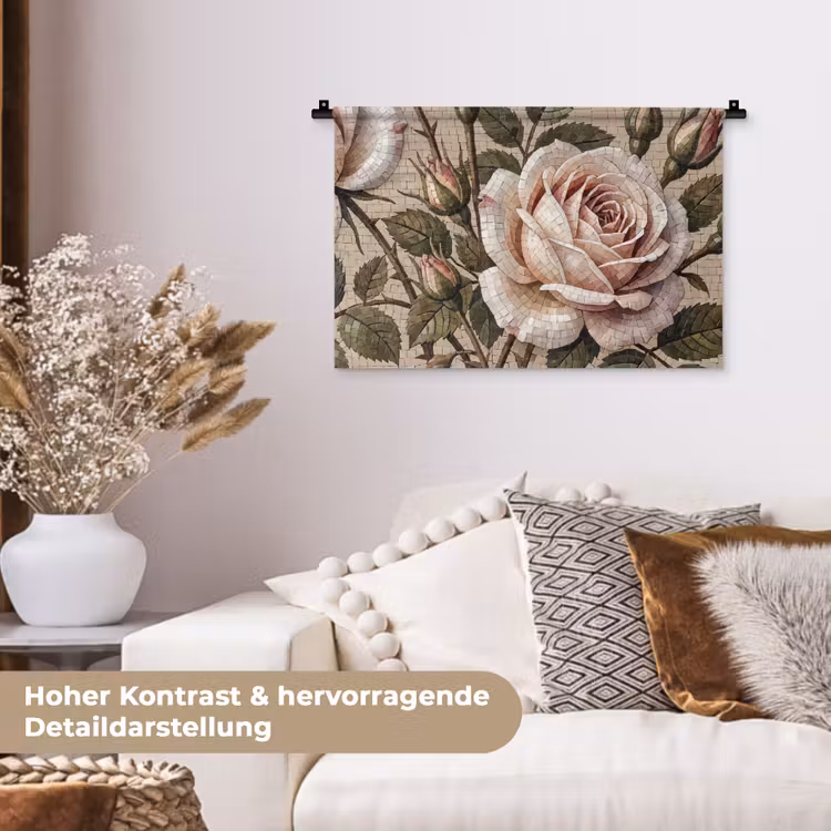 Roos - Mozaïek - Bloemen - Klassiek - Beige Wandkleed katoen klein -tsfeer1_DE