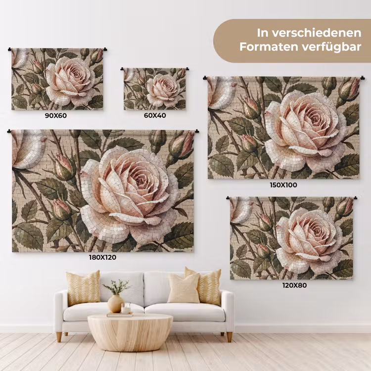 Roos - Mozaïek - Bloemen - Klassiek - Beige Wandkleed katoen klein -tsfeer8_DE