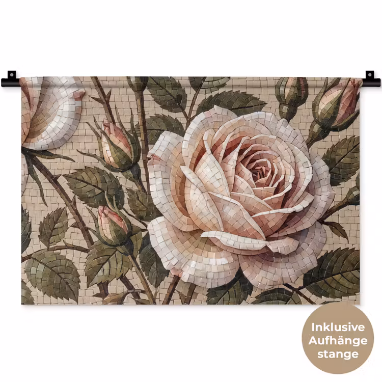 Roos - Mozaïek - Bloemen - Klassiek - Beige Wandkleed katoen klein -t3d_DE