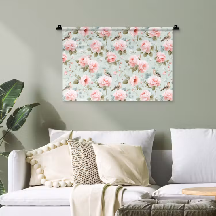 Rozen - Vogels - Pastel - Kleurrijk Wandkleed katoen klein 269 -sfeer7