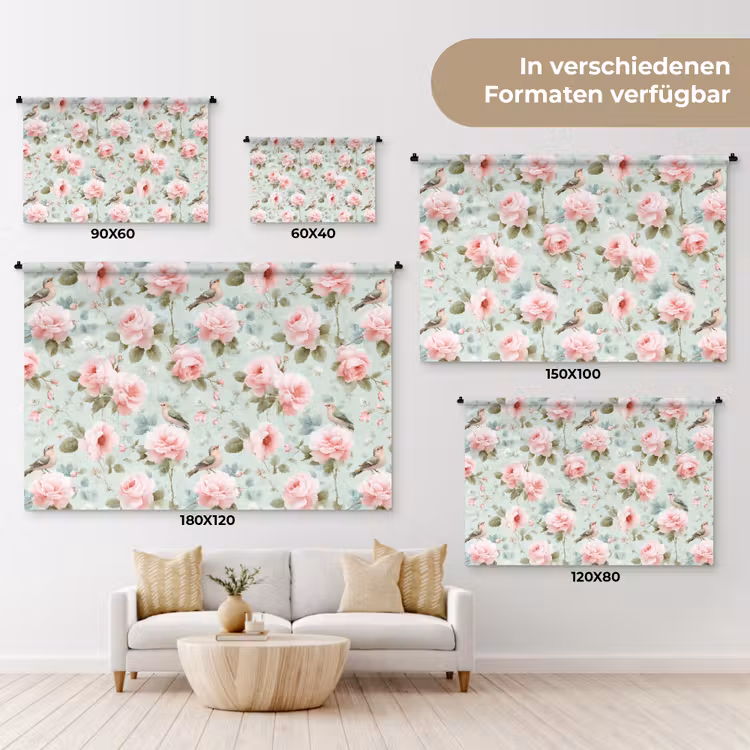Rozen - Vogels - Pastel - Kleurrijk Wandkleed katoen klein 269 -tsfeer8_DE