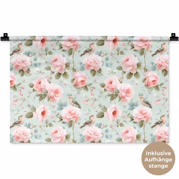 Rozen - Vogels - Pastel - Kleurrijk Wandkleed katoen klein 269 -t3d_DE