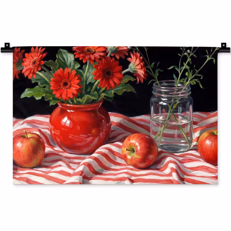 Wandteppich - Rote Blumen – Vase - Rode bloemen - Vaas Wandkleed katoen klein