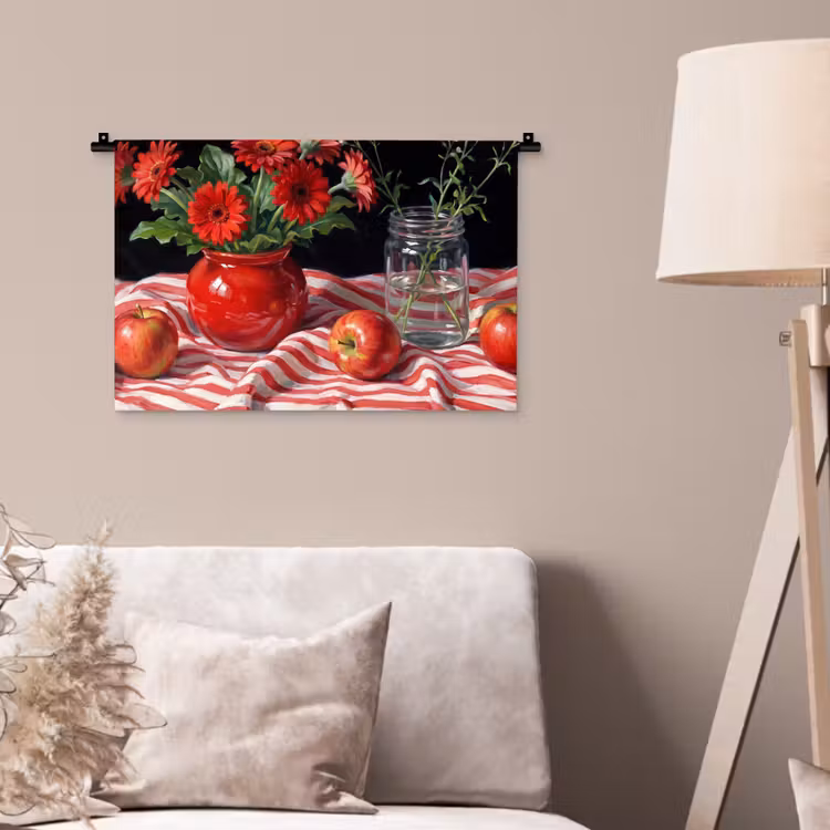 Wandteppich - Rote Blumen – Vase - Rode bloemen - Vaas Wandkleed katoen klein