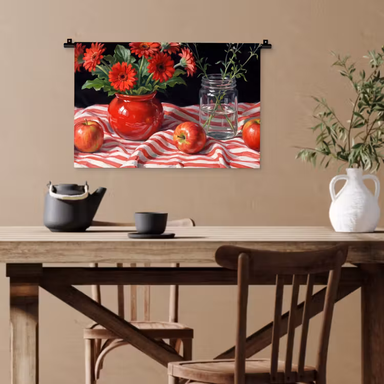 Wandteppich - Rote Blumen – Vase - Rode bloemen - Vaas Wandkleed katoen klein
