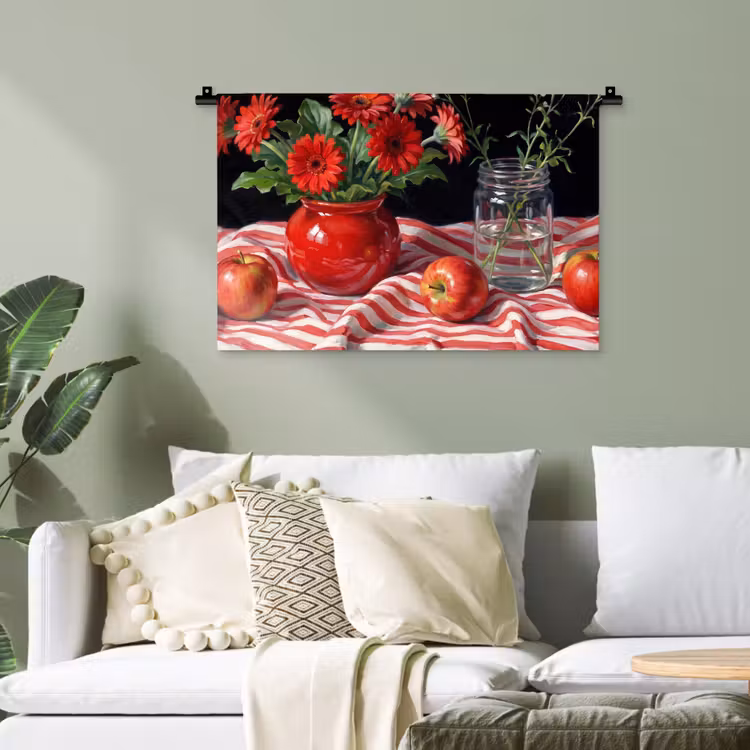 Wandteppich - Rote Blumen – Vase - Rode bloemen - Vaas Wandkleed katoen klein