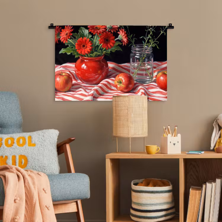 Wandteppich - Rote Blumen – Vase - Rode bloemen - Vaas Wandkleed katoen klein