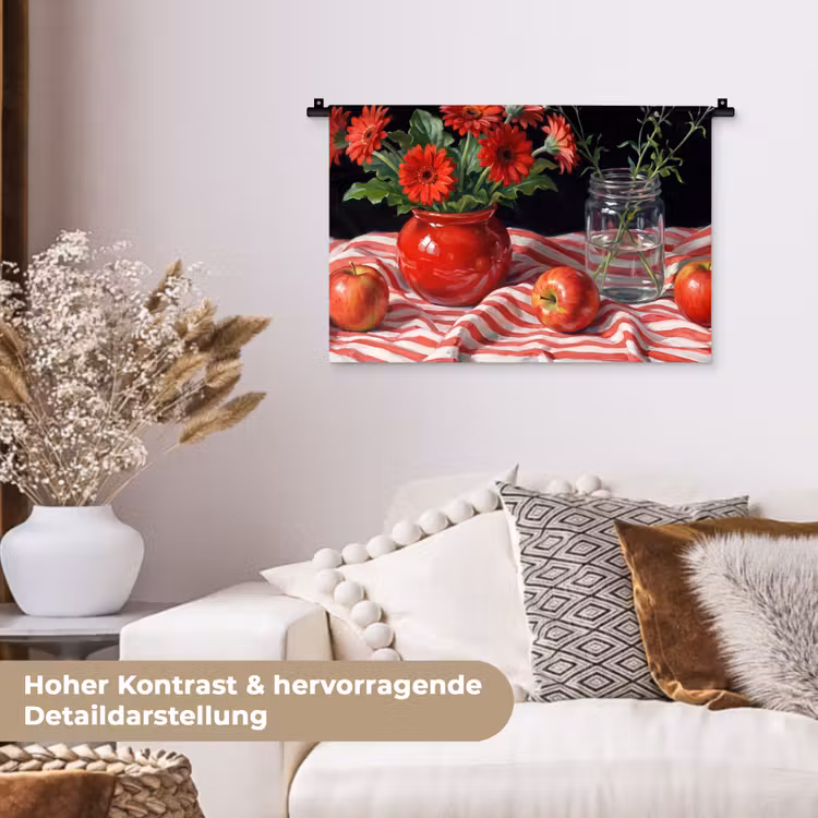 Wandteppich - Rote Blumen – Vase - Rode bloemen - Vaas Wandkleed katoen klein