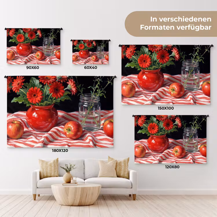 Wandteppich - Rote Blumen – Vase - Rode bloemen - Vaas Wandkleed katoen klein