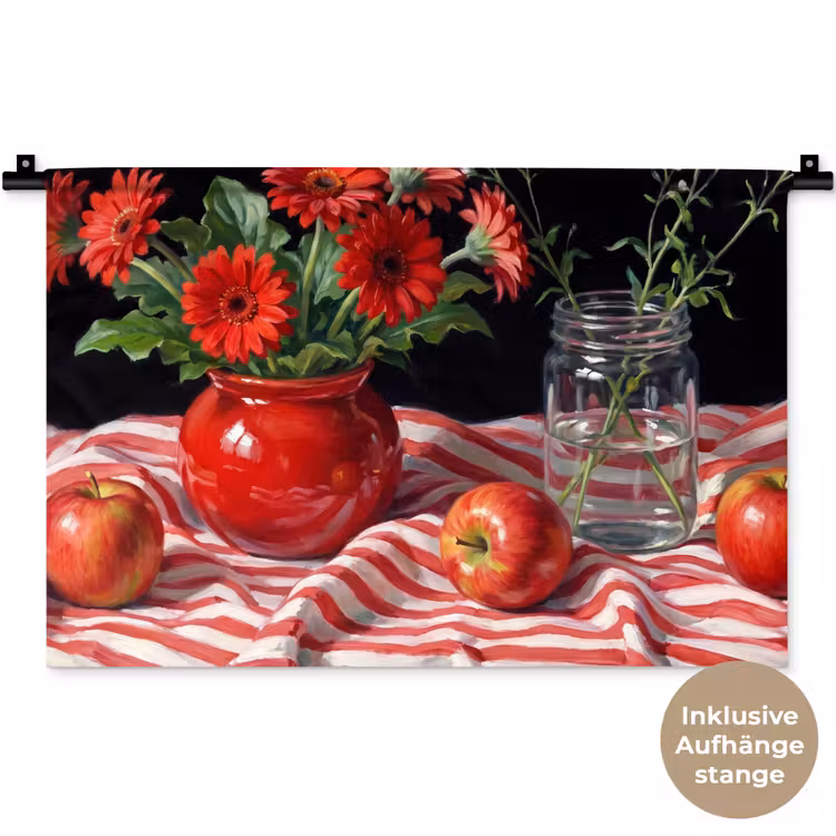 Wandteppich - Rote Blumen – Vase - Rode bloemen - Vaas Wandkleed katoen klein