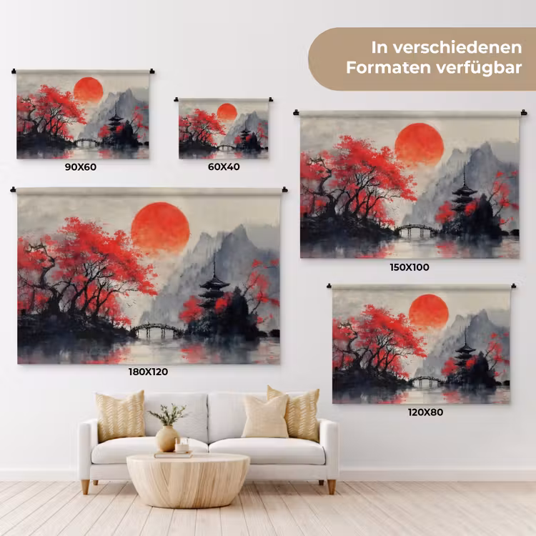 Rode zon - Rivier - brug - Bomen Wandkleed katoen klein -tsfeer8_DE