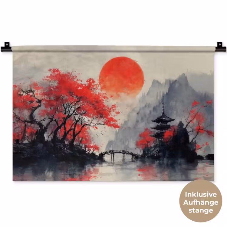 Rode zon - Rivier - brug - Bomen Wandkleed katoen klein -t3d_DE