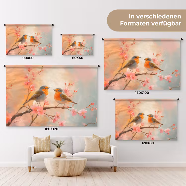 Roodborstjes - Sierlijk - Bloesemtak Wandkleed katoen klein -tsfeer8_DE