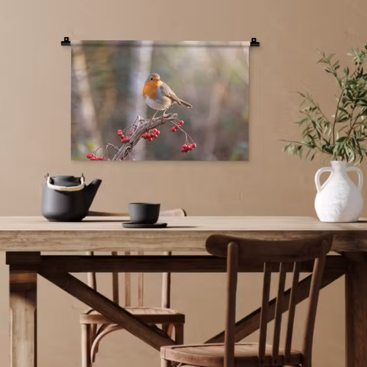 Roodborst - Tak - Bessen - Natuur Wandkleed katoen klein -sfeer6