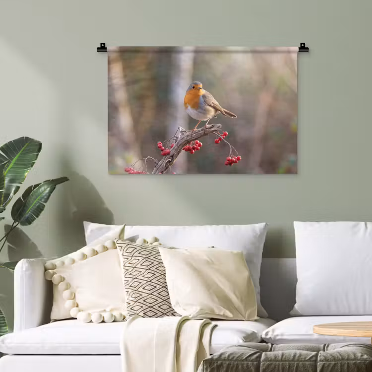Roodborst - Tak - Bessen - Natuur Wandkleed katoen klein -sfeer7