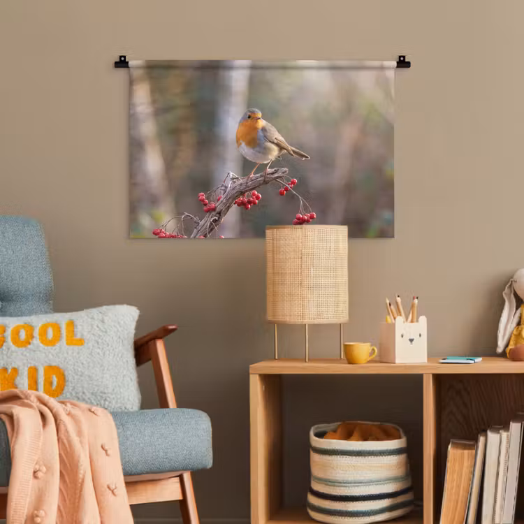 Roodborst - Tak - Bessen - Natuur Wandkleed katoen klein -wsfeer4_kind